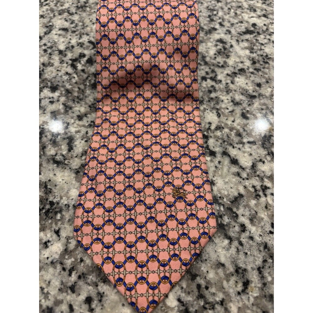 Burberrys Satin Silk Tie Pink Interlocking Geometric ITALY 90s Vintage Burberry